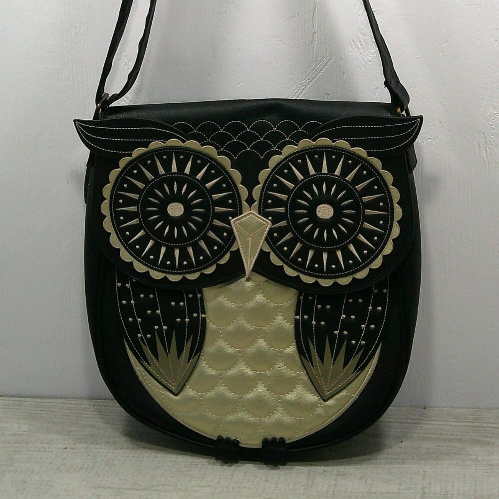 NWT Loungefly Embroidered Retro Black & Metallic Gold Owl Crossbody Shoulder Bag